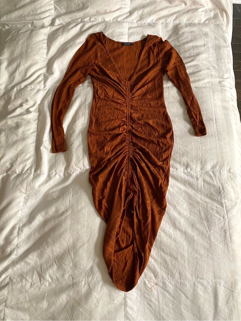 Rust Ruched Long-Sleeve V-Neck Dress - Picture 2 of 6